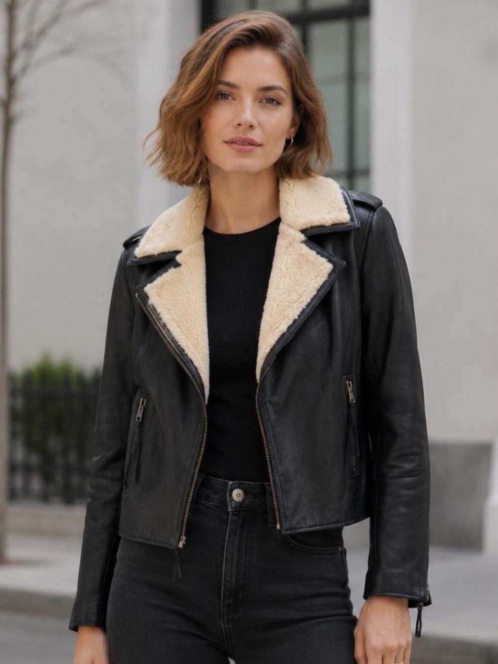 Joie Genuine Lambskin Leather Shearling Collar Moto Biker Jacket